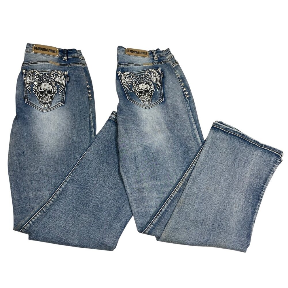 Platinum Plush Jeans Womens 13 Blue Rhinestone Medium Wash Skull Wings Y2K Lot